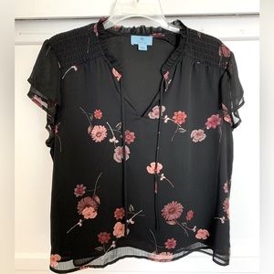 CeCe Smocked Shoulder Floral Print Blouse